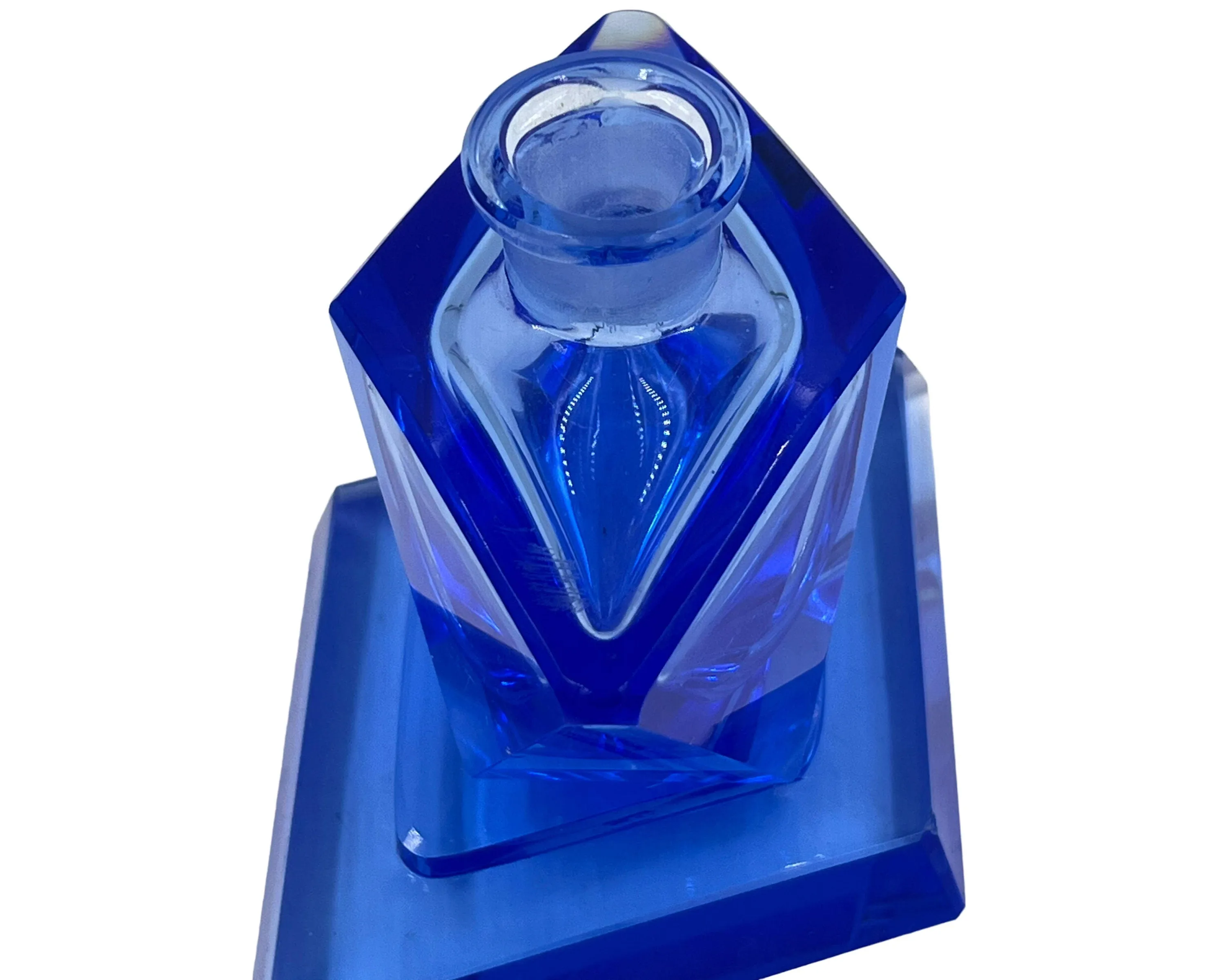 Vintage 1930s Czech Blue Crystal Glass Perfume Bottle w Base