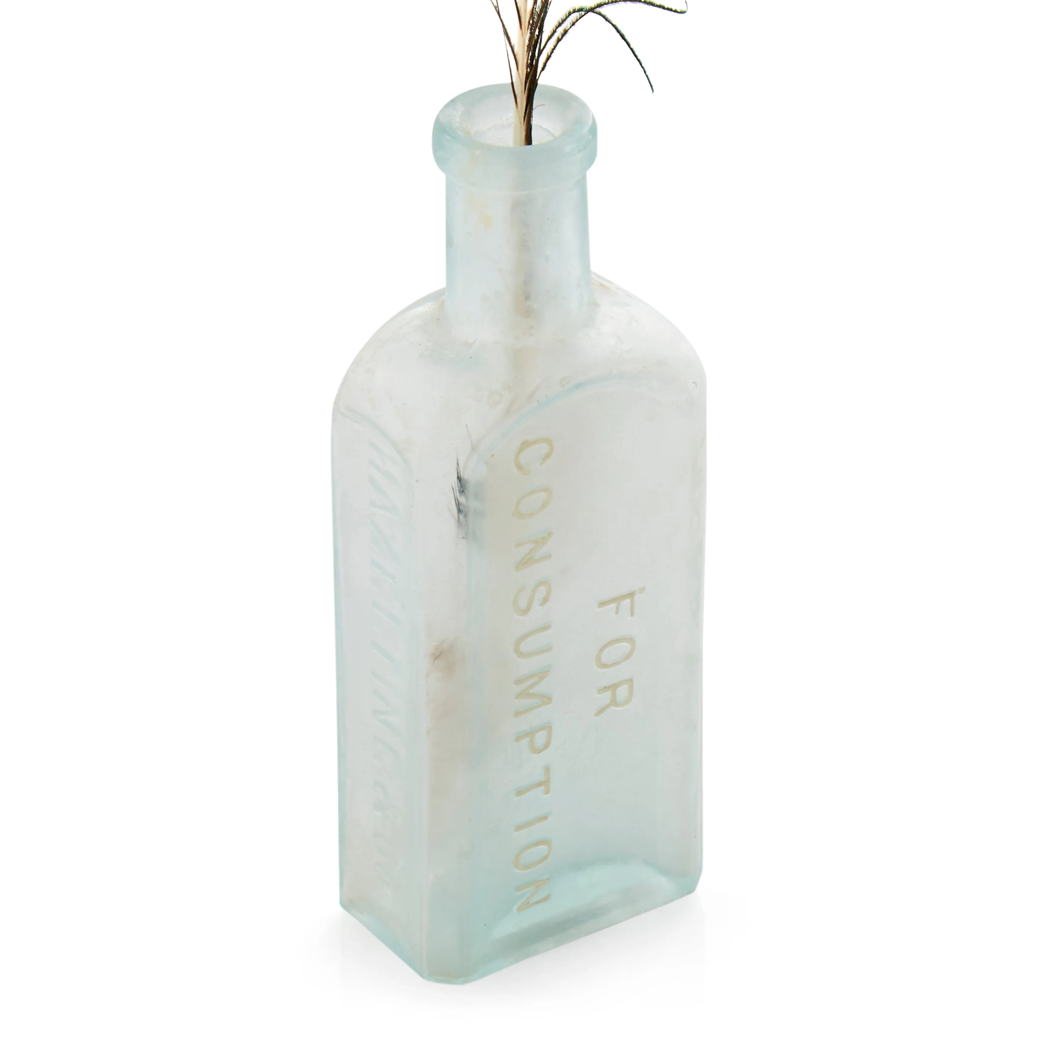 Vintage Frosted Glass Bottle with Feather