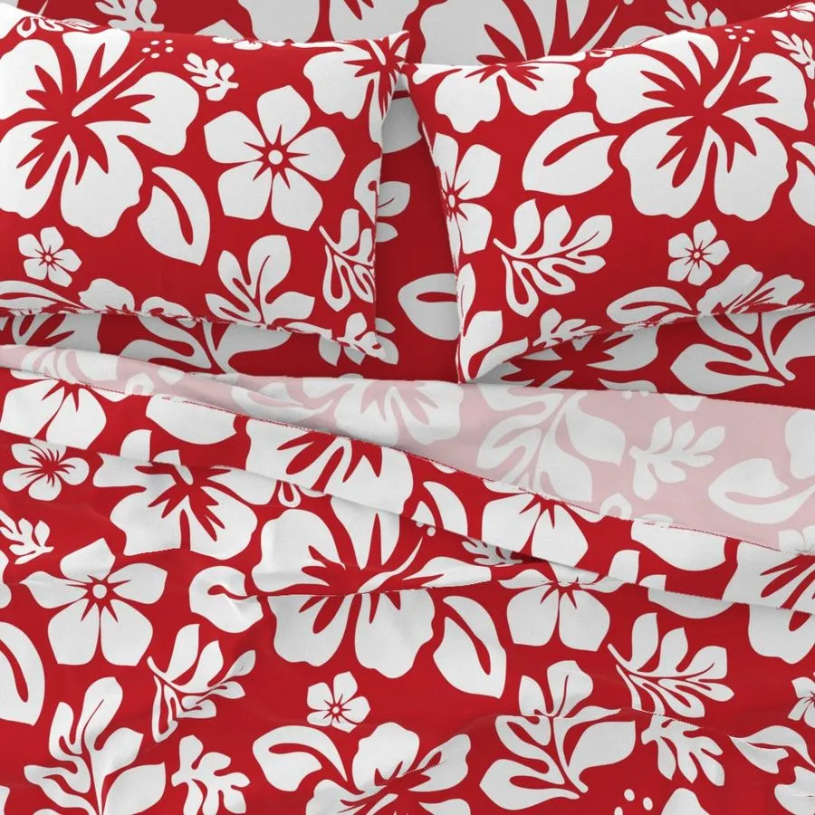 White Hawaiian Flowers on Surfer Red Sheet Set from Surfer Bedding™️ Medium Scale