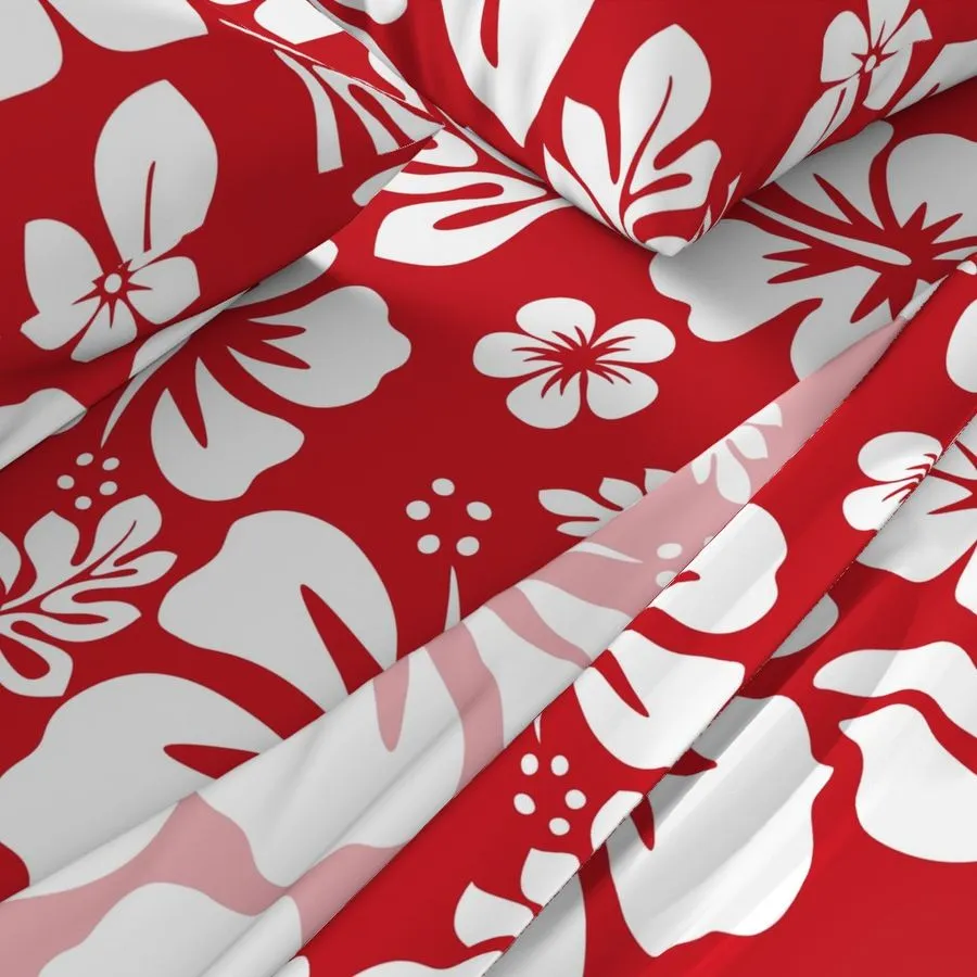 White Hawaiian Flowers on Surfer Red Sheet Set from Surfer Bedding™️ Medium Scale