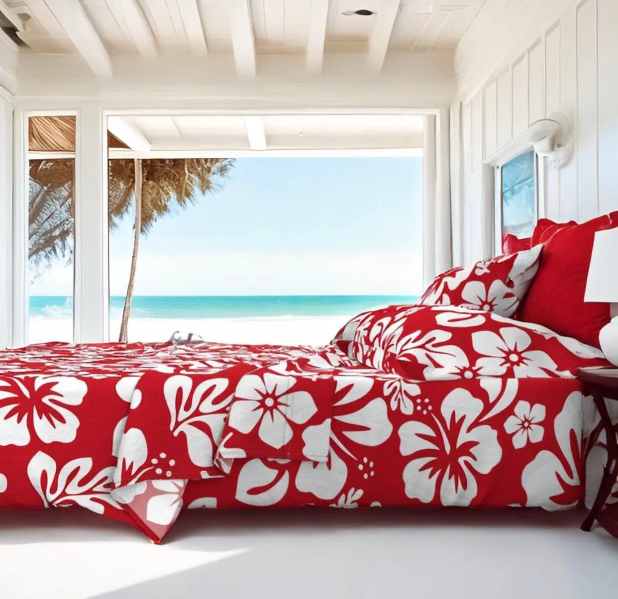 White Hawaiian Flowers on Surfer Red Sheet Set from Surfer Bedding™️ Medium Scale