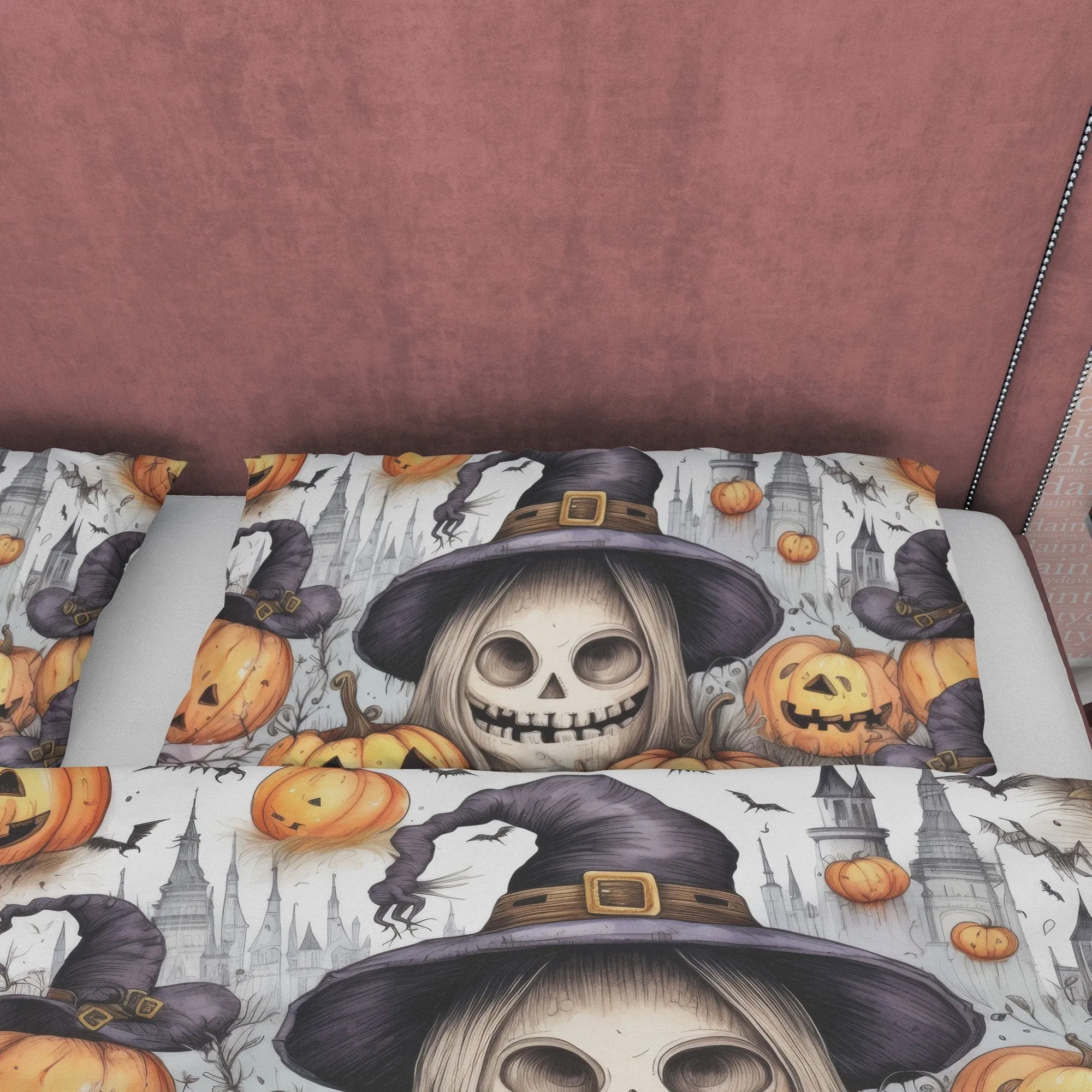 Witch Skull & Pumpkin Duvet Cover Set Aesthetic Bedding, Halloween Room Decor, Zipper Quilt Cover, Autumn Bedspread, Spooky Bed Cover Retro