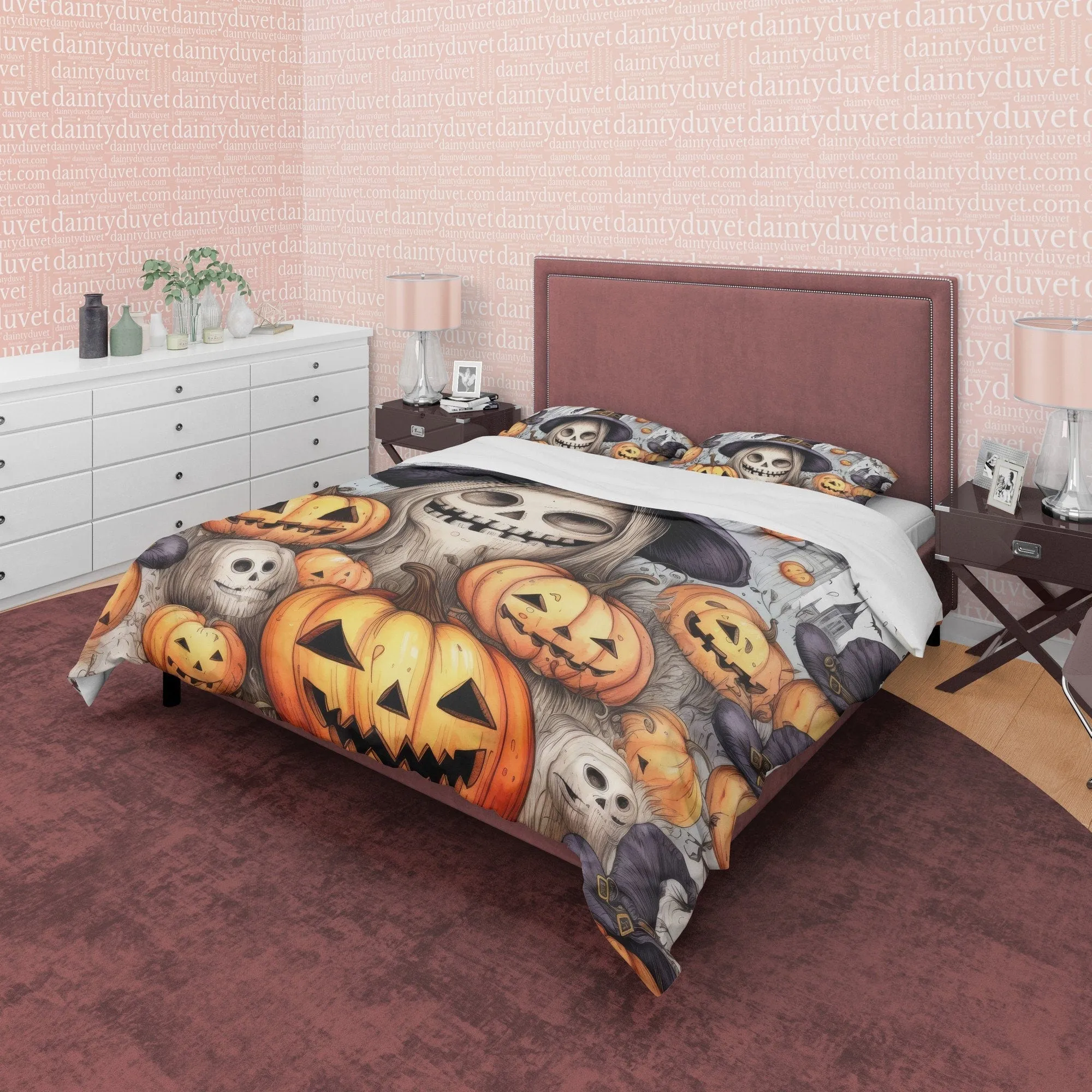 Witch Skull & Pumpkin Duvet Cover Set Aesthetic Bedding, Halloween Room Decor, Zipper Quilt Cover, Autumn Bedspread, Spooky Bed Cover Retro