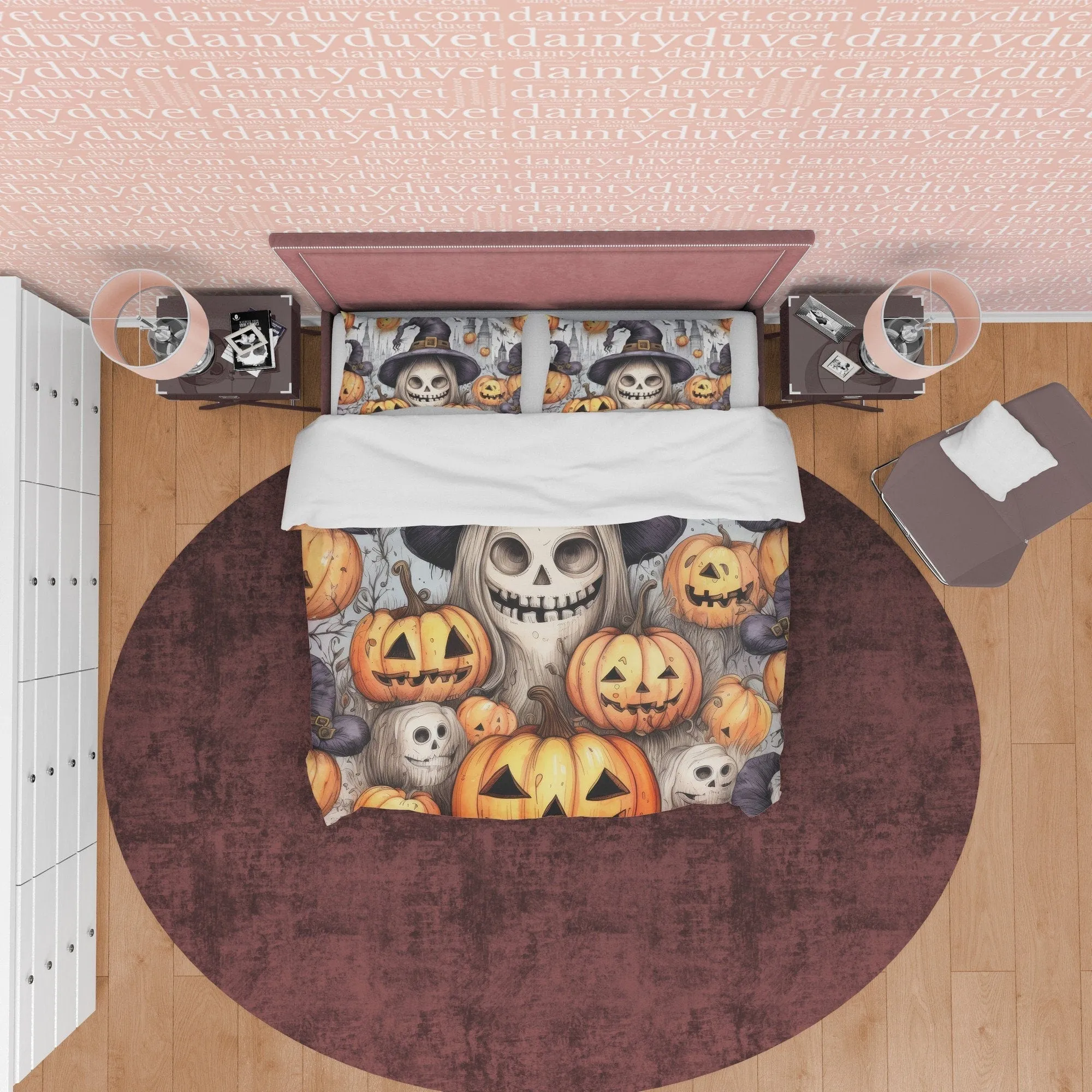 Witch Skull & Pumpkin Duvet Cover Set Aesthetic Bedding, Halloween Room Decor, Zipper Quilt Cover, Autumn Bedspread, Spooky Bed Cover Retro